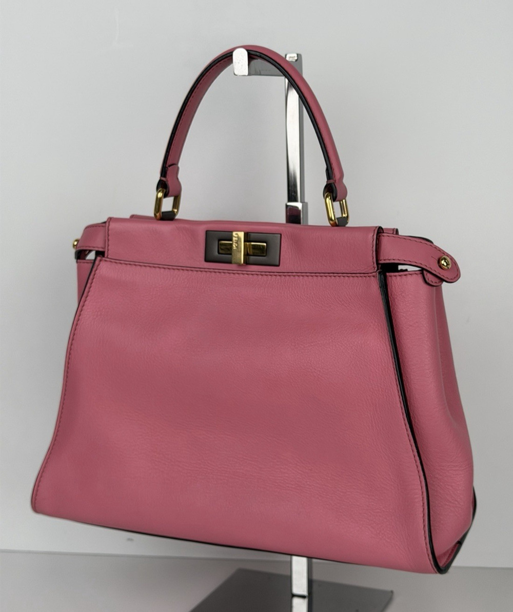 Fendi Peekaboo HandBag Medium Pink Calfskin Leather & Gold-Tone Twist Lock C3